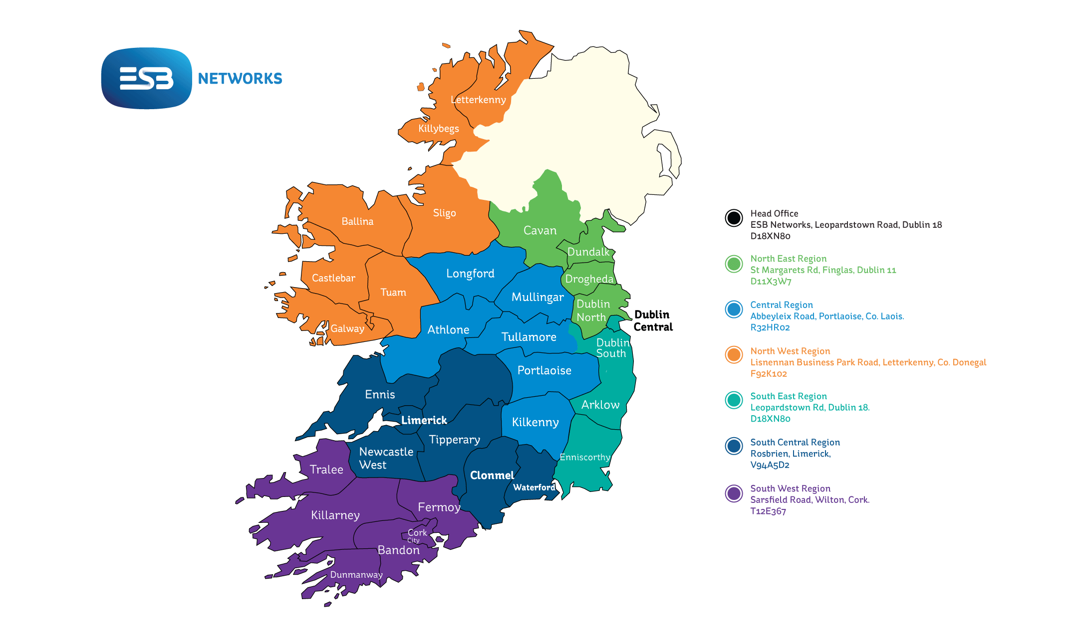 Map showing all the regions in Ireland and their respective offices