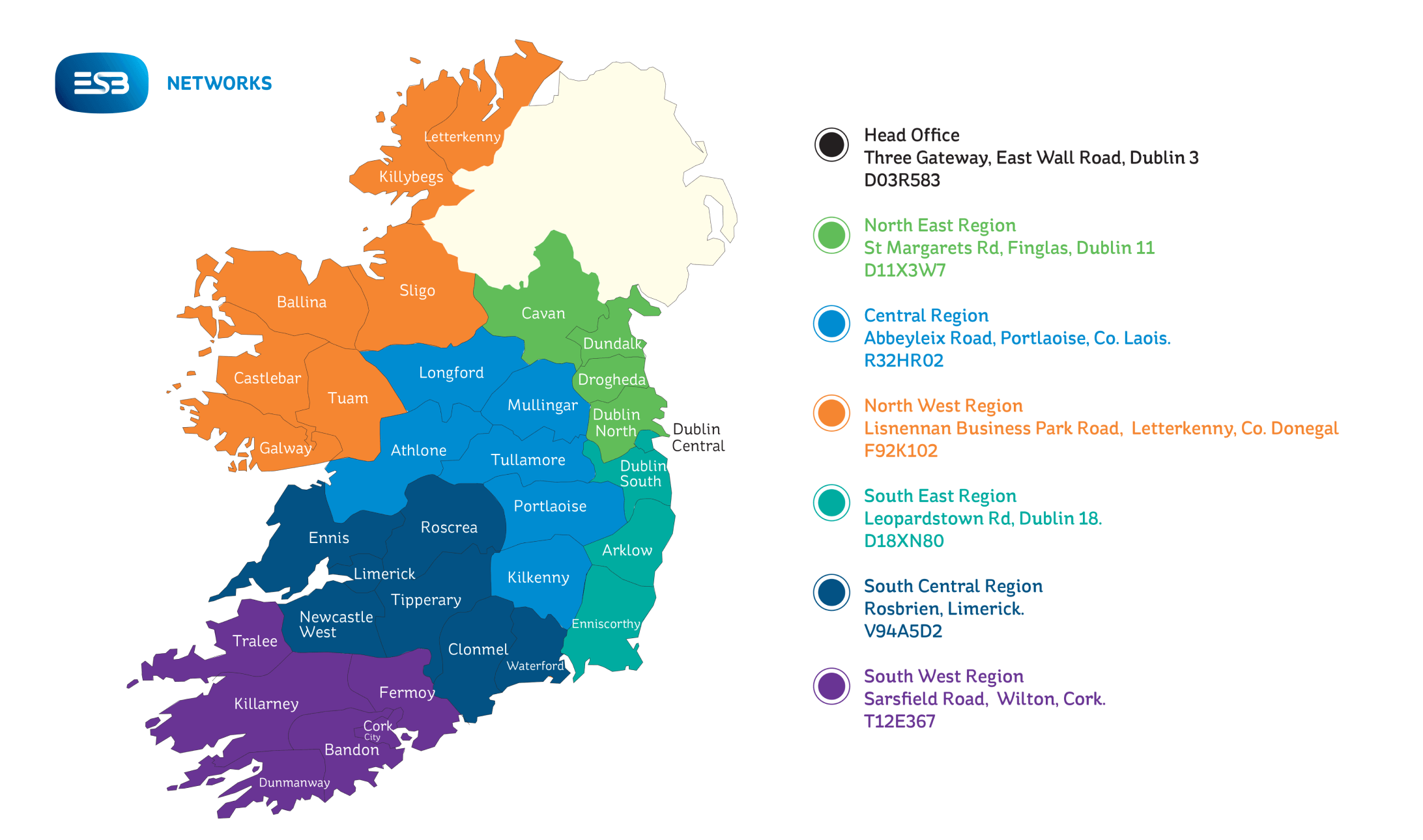 Map showing all the regions in Ireland and their respective offices