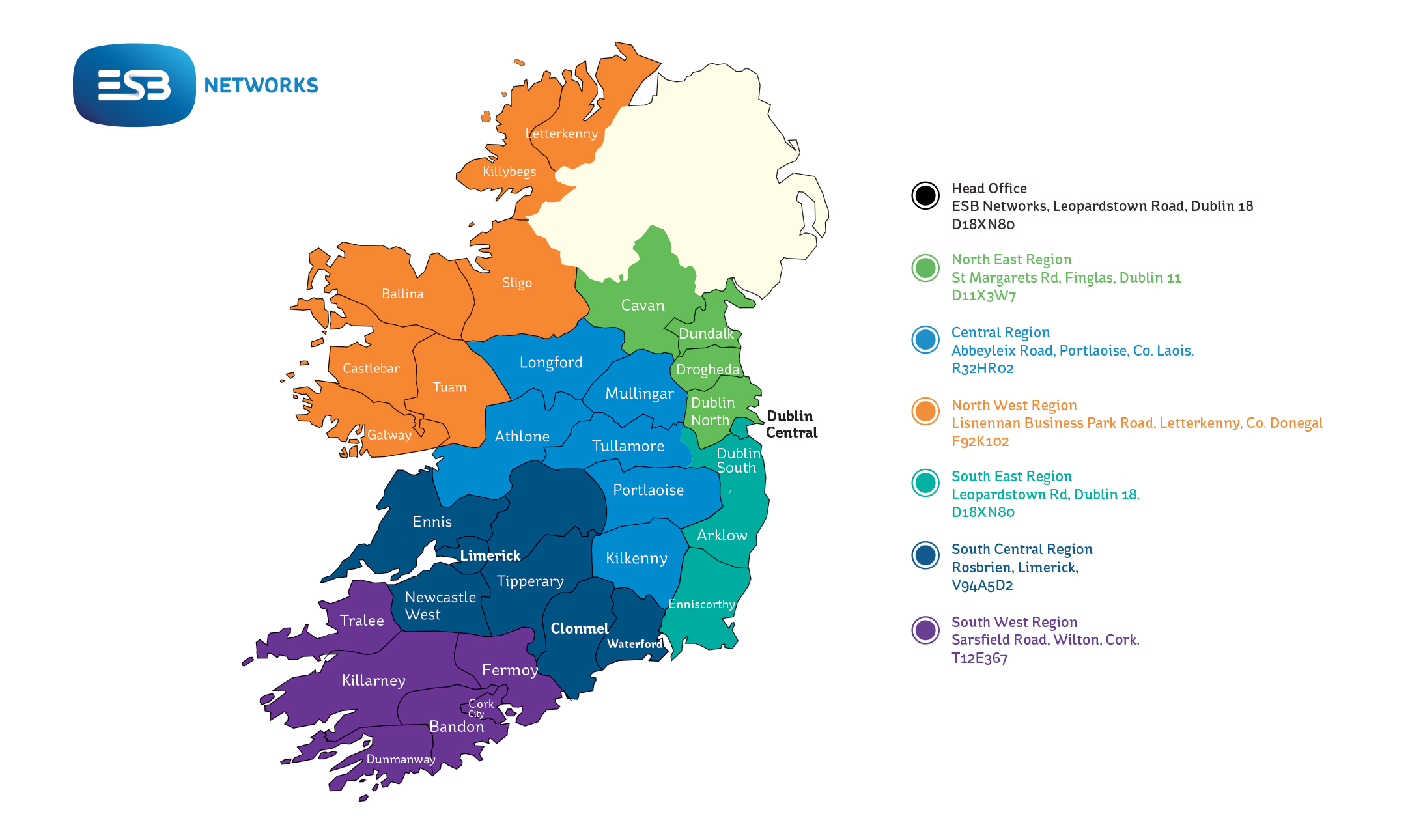 Map showing all the regions in Ireland and their respective offices