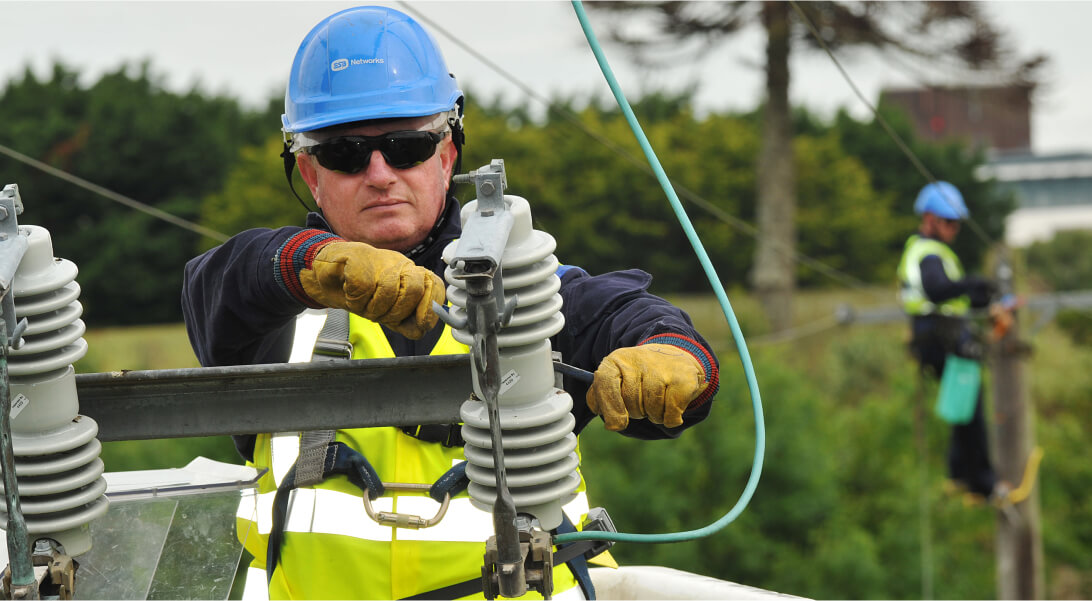 Technicians working on electricity poles