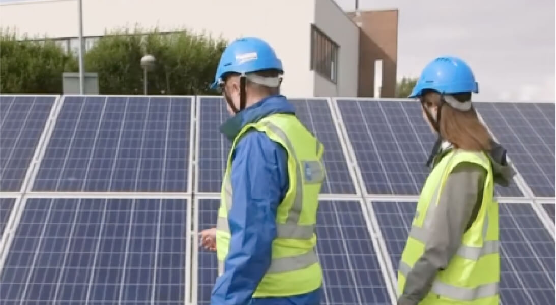 technicians in front of solar panels
