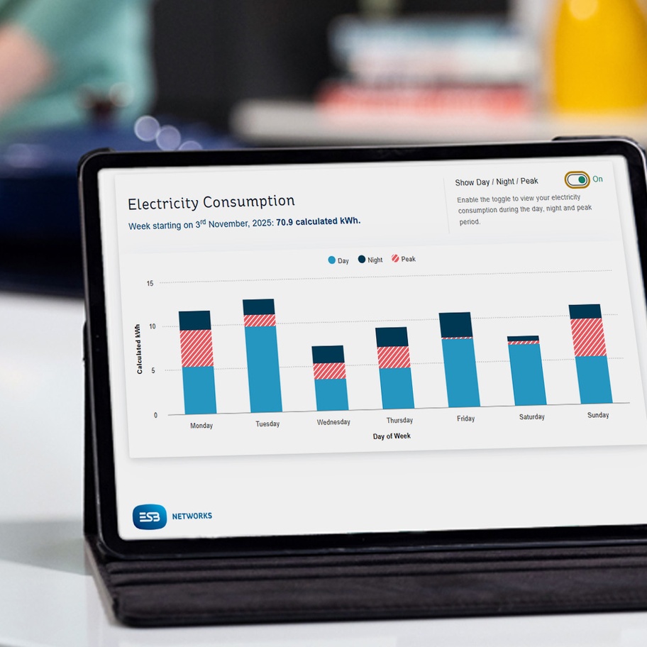 Tablet on a kitchen counter displaying an ESB Networks electricity consumption dashboard